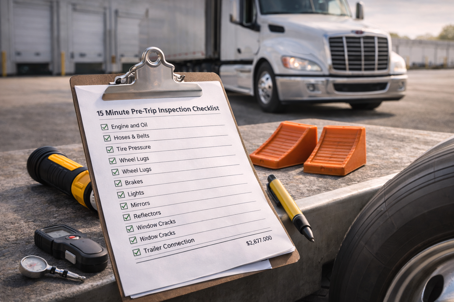 Featured image for article: 15-minute Pre-Trip Inspection Checklist for Truckers