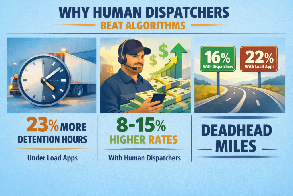 Infographic comparing human dispatchers and load-matching apps, showing 23% more detention hours under load apps, 8–15% higher rates with human dispatchers, and 16% vs 22% deadhead miles.