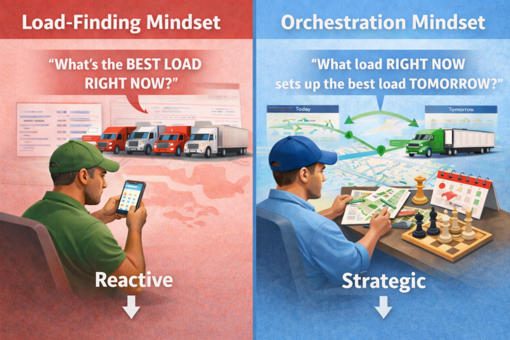 Illustration comparing a reactive load-finding mindset with a strategic trucking orchestration approach to weekly planning