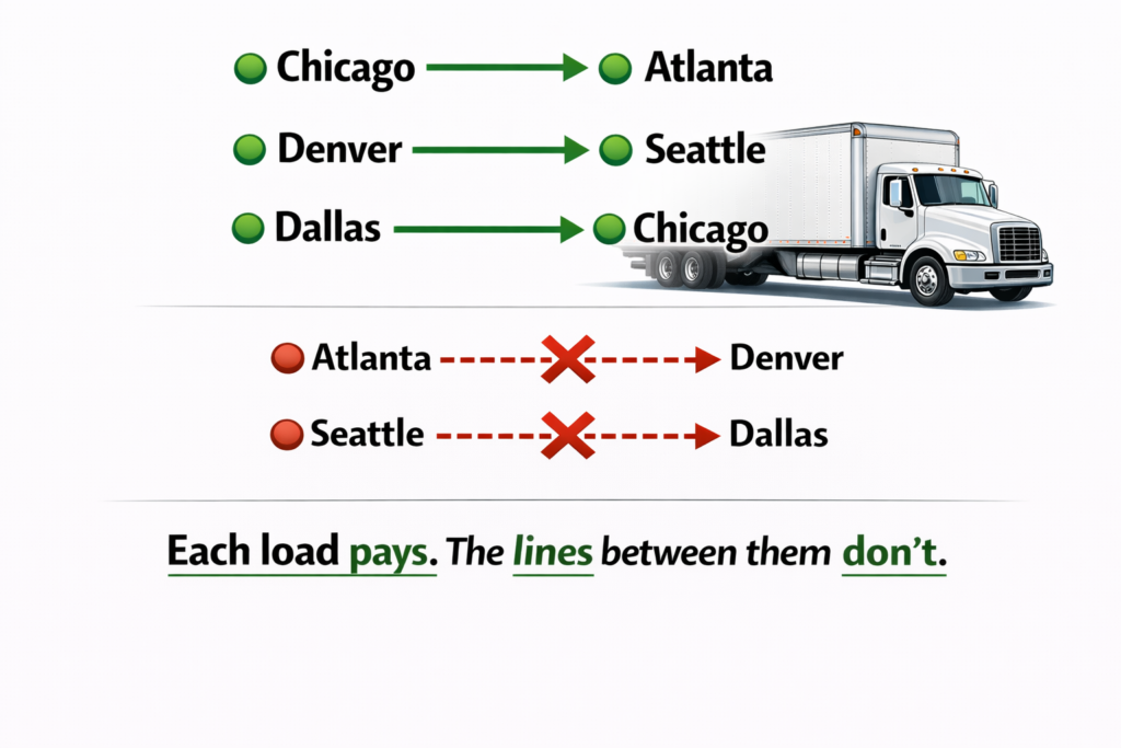 Diagram showing paid box truck loads versus unpaid deadhead miles caused by poor load sequencing