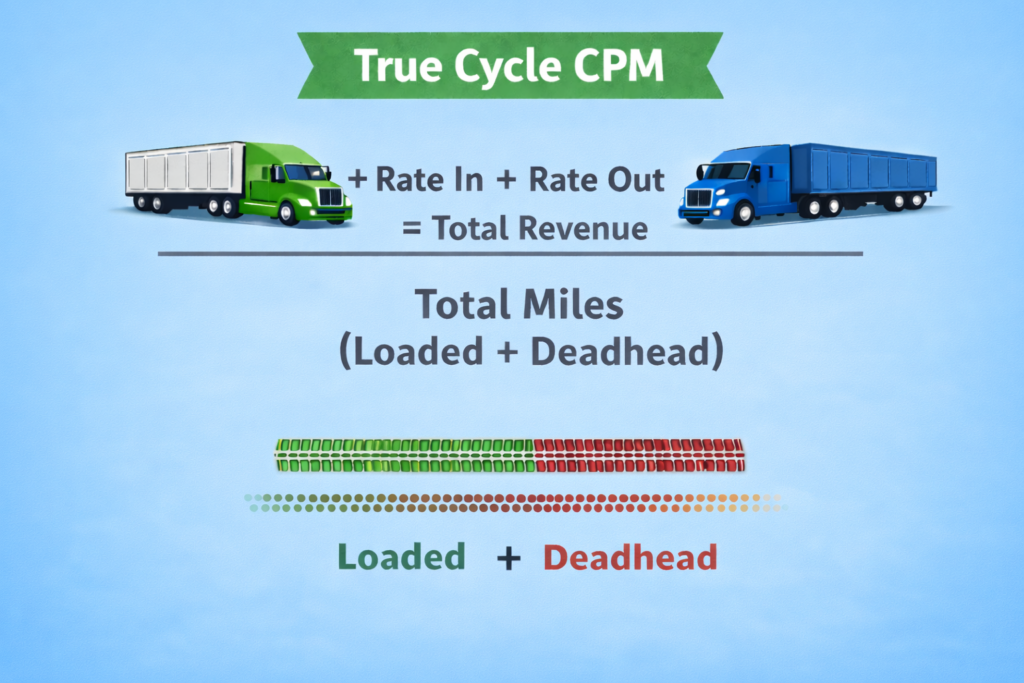 Diagram explaining true cycle cost per mile in trucking using inbound and outbound revenue divided by loaded and deadhead miles