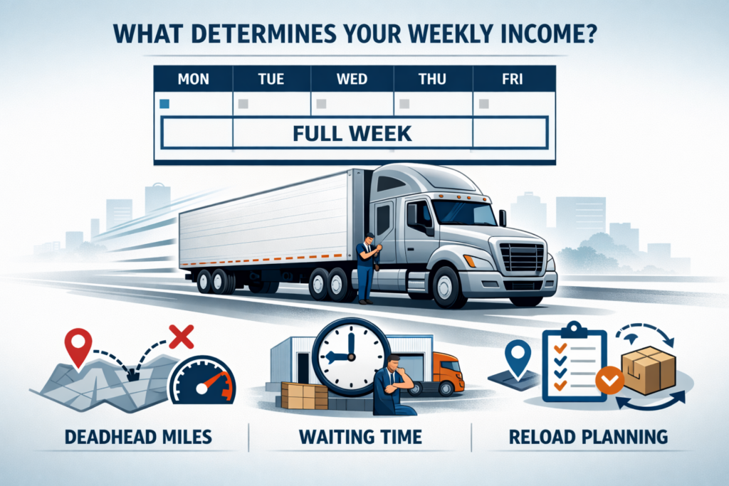 Infographic showing how reload timing, deadhead miles, and waiting time affect weekly income for owner-operators in truck dispatch planning